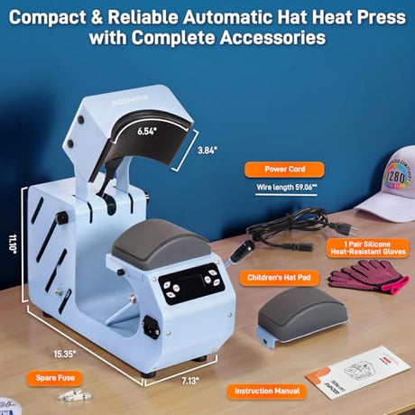 Auto Hat Heat Press Machine, Automatic Open/Release, 4 Memory Modes, Precise Temp/Timer Control, 6.54"x3.84"Curved Heat Plate, Hat Stretcher, for Caps, Sublimation, Vinyl, Heat Transfer GOCHIFIX