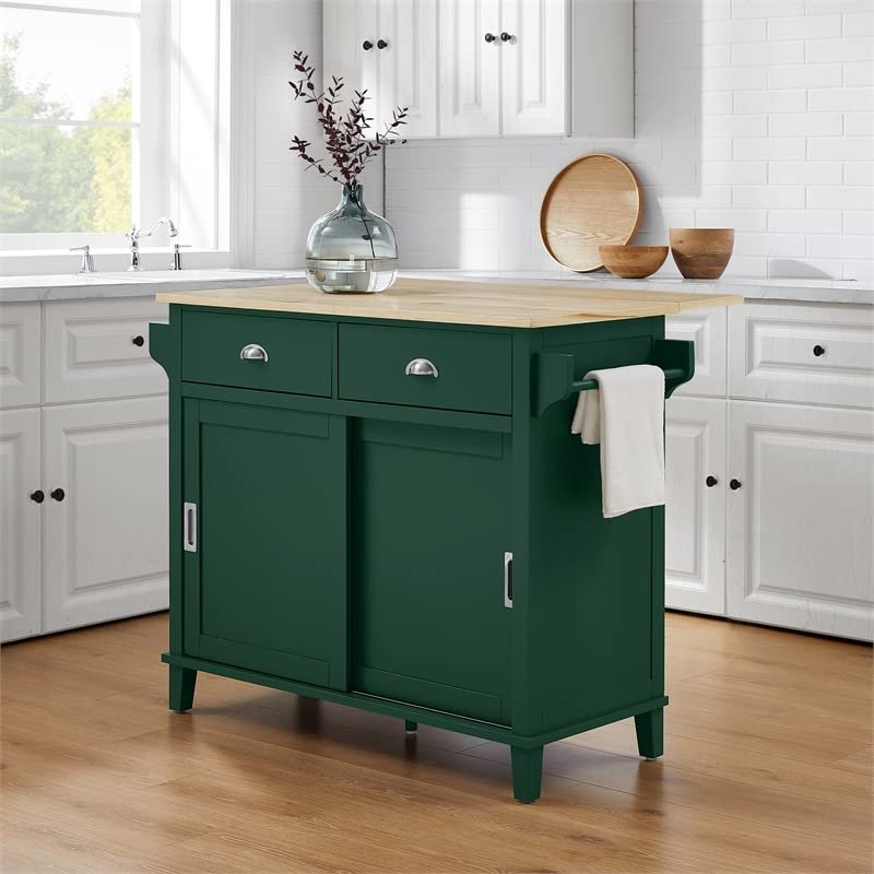 Pemberly Row Traditional Wood Drop Leaf Kitchen Island in Emerald/Natural Pemberly Row