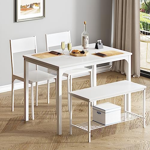 soges 4 Person Dining Table Set,43.3 inch Kitchen Table Set for 4,2 Chairs with Backrest,2-Person Bench with Storage, White Rack,Nesting Furniture Set for Dining Room and Restaurant, White soges