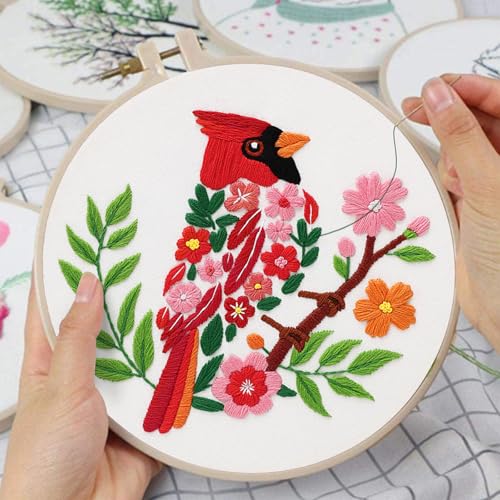 Louise Maelys Red Cardinal Bird Embroidery Kit for Beginners - Floral Hand Stamped DIY Embroidery Kits with Hoop, Threads & Needles - Easy Cross Stitch Starter Set for Adults