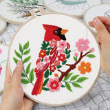 Louise Maelys Red Cardinal Bird Embroidery Kit for Beginners - Floral Hand Stamped DIY Embroidery Kits with Hoop, Threads & Needles - Easy Cross Stitch Starter Set for Adults