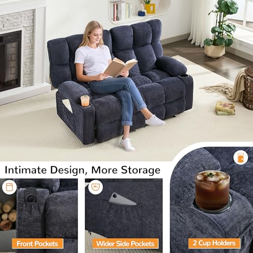 Sofetura Loveseat Recliner Sofa, Big Large Reclining Sofa with Cup Holders & Side Pockets, Traditional 2-Seater Manual Recliner Couch for Living Room, RV, Home Theater, Oversized (Fabric, Blue)