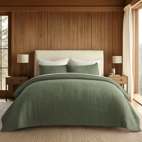 EVERGRACE Cross Stitch Pre-Washed Cotton Quilt Bedding Set King Size, Oversized 3 Pieces Lightweight Bedspread Coverlet for All Season, with 2 Matching Shams, Olive Green,108"x96" EVERGRACEHOME