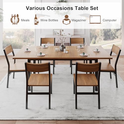Einhomn 7-Piece Dining Room Table Set with 6 Chairs, 63" Extendable Dining Table & Chairs Set for 4-6, MDF Board & Metal Frame, for Kitchen, Dining Room, Walnut Einhomn