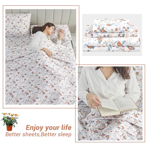 Softan Floral Twin Size Sheet Set, Orange Flower Printed Bed Sheets for Girls, 3-Piece Microfiber Single Fitted Sheet with 15" Deep Pocket & Non-Slip Straps, Patterned Bedding Sheets & Pillowcase Set Softan