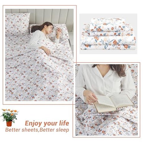 Softan Floral Twin Size Sheet Set, Orange Flower Printed Bed Sheets for Girls, 3-Piece Microfiber Single Fitted Sheet with 15" Deep Pocket & Non-Slip Straps, Patterned Bedding Sheets & Pillowcase Set Softan