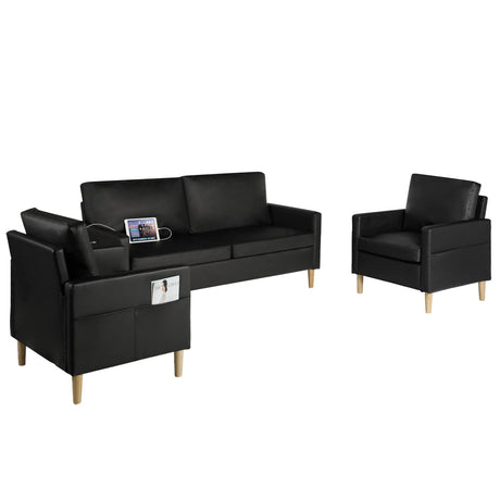 AILEEKISS Mid-Century Sectional Sofa Sets 3 Pieces Faux Leather Loveseat Couches with 2 USB Living Room Furniture Accent Arm Chairs for Small Space, Apartment, Office (1-Seater+1-Seater+3-Seater) AILEEKISS