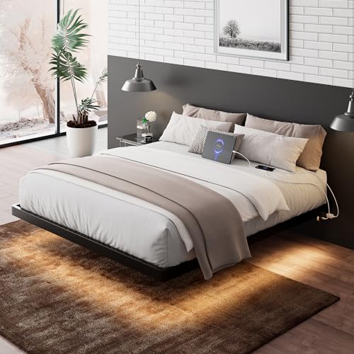 Feonase King Size Floating Bed Frame with LED Ambient Lighting and Charging Station - WoodArtSupply