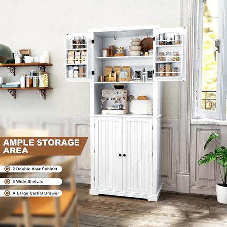 HLR 72" Kitchen Pantry Storage Cabinet, Freestanding Larder Cupboard, Kitchen Hutch Cabinet with Microwave Stand,Utility Pantry with Doors and Shelves for Dining Room, Living Room HLR