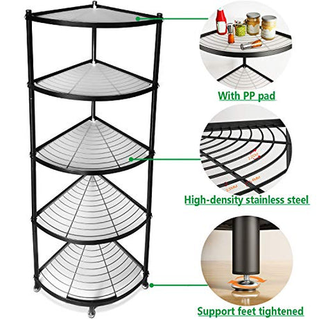 MAGCOLOR 5-Tier Kitchen Corner Shelf Rack, Free Standing Pot Rack for Organizer Stainless Steel Cookware Stand MAGCOLOR