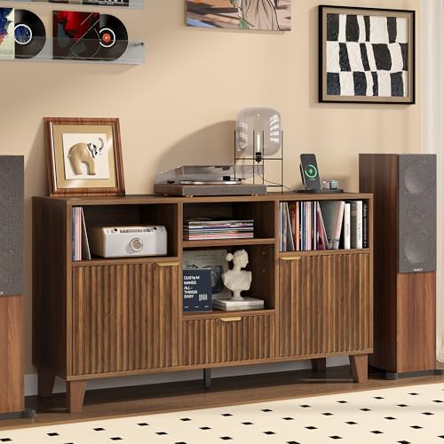 knoworld Large Round Record Player Stand with Vinyl Record Storage & Charging Station, Modern Turntable Cabinet with Power Outlet and USB Ports for Living Room and Bedroom (Walnut) knoworld