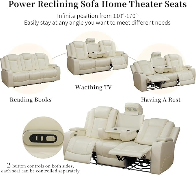 AYCP Furniture Power Recliner Set with LED Lights, Quilted Air Leather Reclining Set with USB Port/Storage/Cup Holder/Reader Light for House/Home Theater/Apt/Rv/Office (Ivory, 3PC Full Set) AYCP Furniture