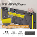 Dnxao Floating Bed Frame Queen with Hidden Storage Headboard, Heavy Duty Metal Platform with Dual Zone LED Lights & Charging Station, Noise Free No Box Spring Needed, Gray Linen Upholstered Dnxao