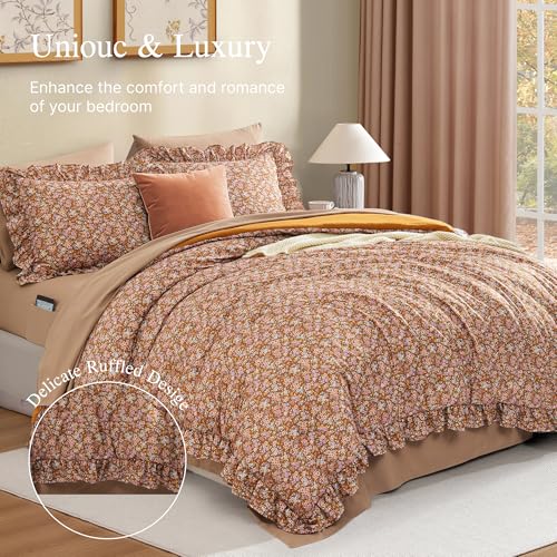BLOOMHAVEN Queen Comforter Set - 7 Pieces Ruffle Brown Bedding Sets, Shabby Chic Farmhouse Bed in a Bag with Ruffle Comforter, Sheets, Pillowcases & Shams BLOOMHAVEN