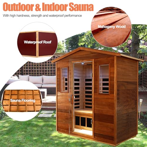 3 Person Sauna Outdoor Sauna Far Infrared Saunas Ultra Low EMF Infrared Sauna for Home 1950W 20Amps Indoor Sauna Mahogany Wooden Sauna Spa with Beauty Red Light, Foldable Seat, Headrest, 0-5mG SALUSHEAT