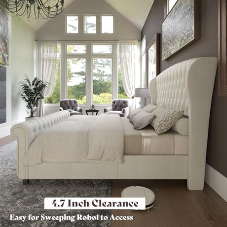 AMERLIFE California King Size Platform Bed Frame, Velvet Upholstered Sleigh Bed with Scroll Wingback Headboard & Footboard/Button Tufted/No Box Spring Required/Cream AMERLIFE