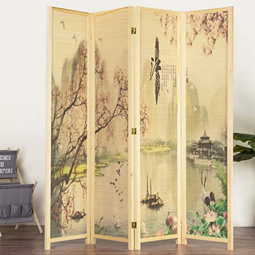 MyGift 4-Panel Folding Bamboo Room Divider Asian-Inspired Cherry Blossom Scene, 6 FT Freestanding Floral Artwork Room Partitioner with Beige Wood Frame MyGift