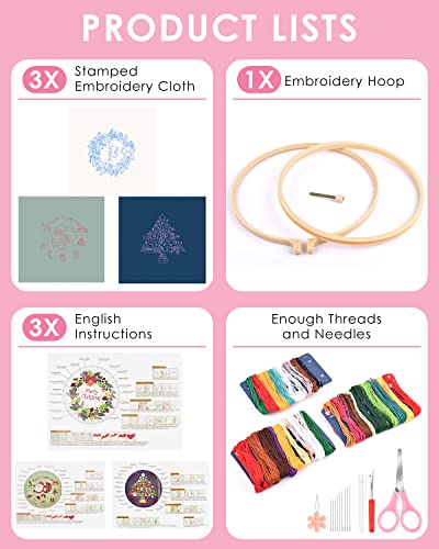 TINDTOP Christmas Embroidery Kit for Adult, 3 Sets Embroidery Stitch Practice kit Include Embroidery Cloth Hoops Threads for Craft Lover Hand Stitch TINDTOP
