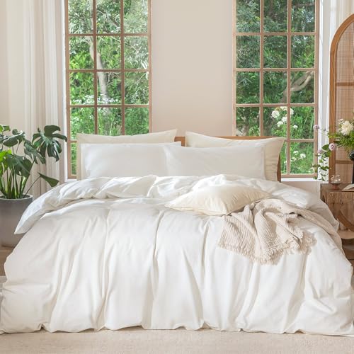 MooMee Bedding Duvet Cover Set 100% Washed Cotton Linen Like Textured Breathable Durable Soft Comfy (Solid Off White, Queen 90"x90") MooMee