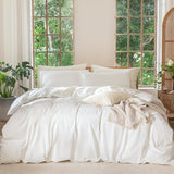 MooMee Bedding Duvet Cover Set 100% Washed Cotton Linen Like Textured Breathable Durable Soft Comfy (Solid Off White, Queen 90"x90") MooMee
