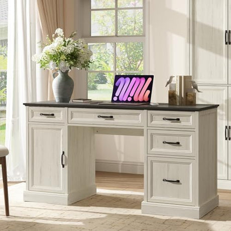 CARPETNAL 58'' Farmhouse Executive Desk with Drawers, Home Office Desk with File Drawer and Storage Cabinet, Rustic Computer Desk for Working, Studying, Writing, White CARPETNAL