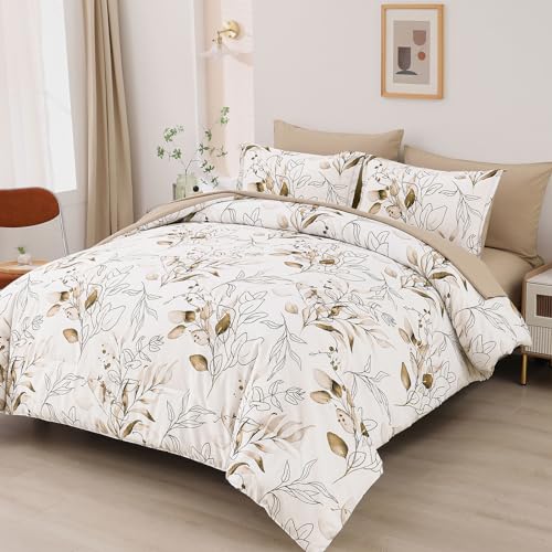 WONGS BEDDING Brown Comforter Set King Size, 7 Pieces Botanical Bed in a Bag Golden Leaves Bedding Set Soft Microfiber King (1 Comforter,2 Pillowcase,2 Pillow Shams,1 Flat Sheet,1 Fitted Sheet) WONGS BEDDING