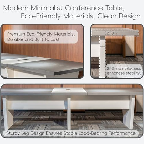 10FT Conference Table with Rectangle Grommet, 2.13" Thickened Desktop, Business Style Wooden Training Table, Modern Seminar Boardroom Table for Office Conference Room SNKBOAT