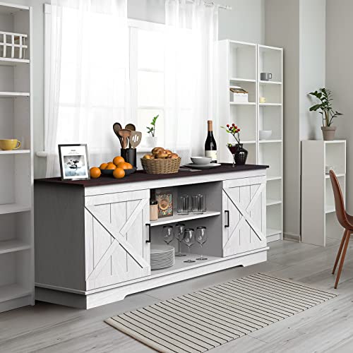 YITAHOME Buffet Cabinet, 59" Farmhouse Sideboard Buffet Storage Cabinet with Barn Door, Coffee Bar Cabinet with Capacity 300 lbs for Home Dinning Living Room, Grey White/Espresso, 26" Height