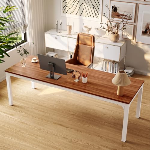 LITTLE TREE 78.7-Inch Ultra Long Double Desk, Writing Gaming Work Computer Two-Person Desk for Home Office, Walnut + White LITTLE TREE