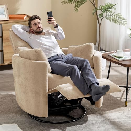 Manual Recliner 360°Swivel Glider Rocking Chair,Upholstered Nursery Adult Rocker Glider Chair with 2 Pillows for Living Room Bedroom(Khaki, Manual Operation)