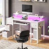 Seventable White Computer Desk with Drawers, Gaming Desk with Keyboard Tray, Office Desk with LED Lights & Power Outlets, 47 inch Writing Desk with Monitor Stand for Small Space Seventable