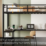 Full Size Loft Bed with Desk and Stairs Metal Full Loft Bed with Storage Wardrobe and Charging Station Adult Loft Bed with LED Lights and Adjustable Shelf for Kids Teens, Black Mirightone