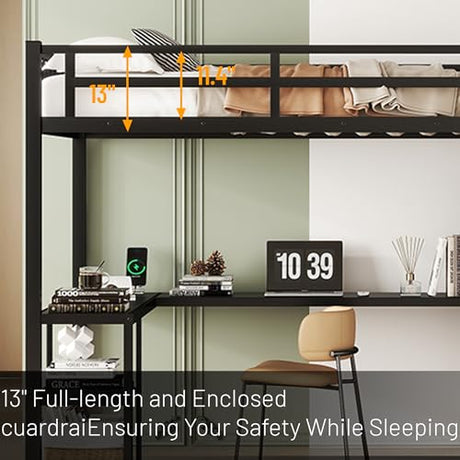Full Size Loft Bed with Desk and Stairs Metal Full Loft Bed with Storage Wardrobe and Charging Station Adult Loft Bed with LED Lights and Adjustable Shelf for Kids Teens, Black Mirightone