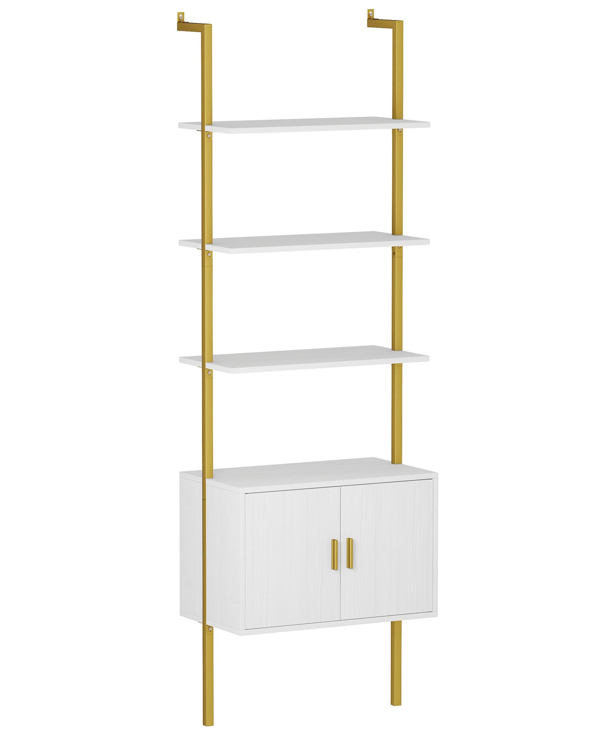 Yusong 73" Tall Bookshelf with Cabinet, Industrial Ladder Wall Mount Shelf Bookcase with Wood and Metal Frame, Plant Shelf Wall Storage Display for Living Room Bedroom, White Gold Yusong