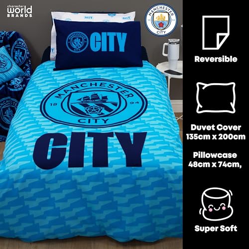 Character World Official Manchester City FC Single Duvet Cover Set, Crestcol Design | Blue Reversible 2 Sided Football Bedding Cover Official Merchandise Including Matching Pillow Case Manchester United