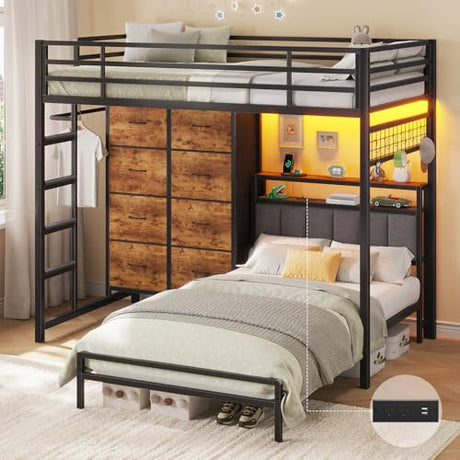 Twin Over Twin Bunk Bed with 8 Storage Drawers, Upholstered Storage Headboard, Charging Station and LED Lights, Heavy-Duty Metal Bunk Bed with Safety Guardrail & Ladder, Twin Bunk Beds for Kids, Teens mojiasion