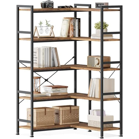 Casaottima Corner Book Shelf, 5 Tier Reversible Bookshelf for Living Room, Industrial Wooden Bookcase with Open Shelves and Metal Frame for Bedroom, Home Office, Kitchen, Vintage Casaottima