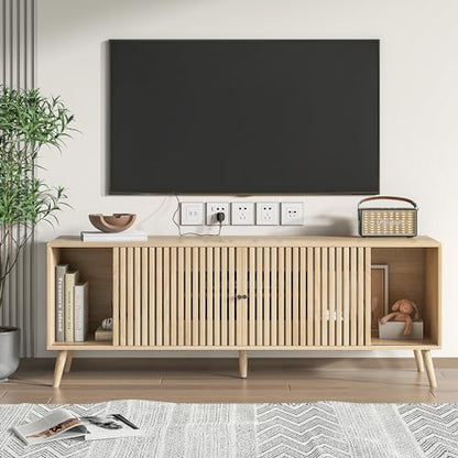 Oubayajia Mid Century Modern TV Stand for Televisions up to 70 Inches, with Sliding Doors and Storage, Television Stands, TV Consoles, Media Consoles for Living Room, 63 Inch (Natural) - WoodArtSupply