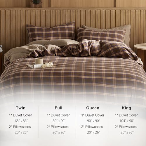 EAVD Vintage Style Brown&Blue Plaid Duvet Cover Full Soft 100% Muslin Cotton Brown Green Blue Grid Checkered Plaid Bedding Set with 2 Pillowcases Reversible Gingham Duvet Cover with Zipper EAVD