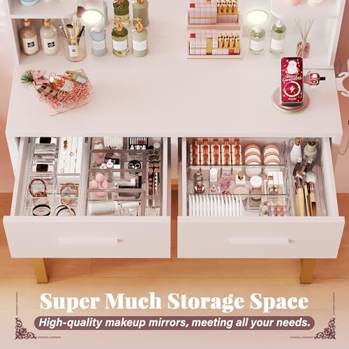 Furmax Vanity Desk with Mirror and LED Light Bulb, Small Makeup Vanity Table with Drawers, Dressing Table with Power Outlet and Hair Drayer Holder for Bedroom (White & Gold) Furmax