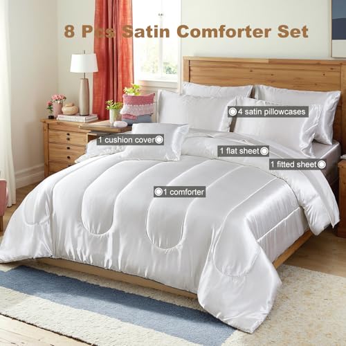 Bedding_Dreamer Silk Like White Comforter Set with Sheet Set King Size 8 Pieces Satin Bedding Set Silky Bed-in-a-Bag Luxury Hotel Soft Silky Comforter Set with 1 Cushion Cover Vegan Silky Bed Set Bedding_Dreamer