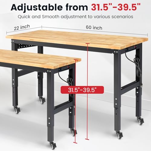 ENJOYWOOD Workbench with Wheels 60 Inch Rubberwood Tabletop Garage Workbench Adjustable Height Work Bench with Pegboard, Power Outlets for Woodworking, Home, Office, Workshop ENJOYWOOD