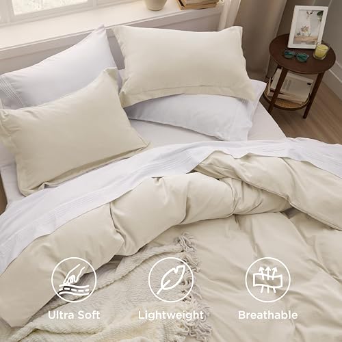 Bedsure Oat Milk Duvet Cover Queen Size - 3 Pieces Prewashed Cotton-Like Polyester Extra Soft Bedding Set, Includes 1 Duvet Cover 90x90 Inches with Zipper Closure & 2 Pillow Shams, No Comforter Bedsure