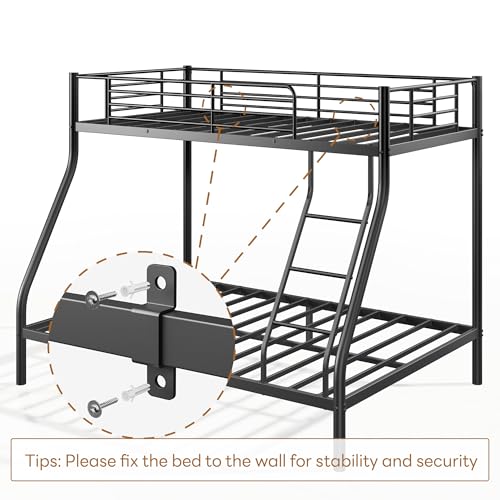 Metal Bunk Bed Twin Over Full Size, Heavy Duty Bunk Bedframe with Safety Guard & Ladder, Space-Saving, No Box Spring Needed, BunkBed Frame for Aldults Dorm Bedroom Guest Room (Black, Twin Over Full) OUEEEDD