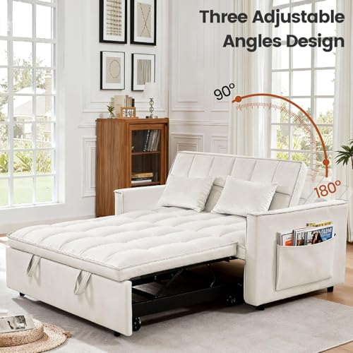 Trygoal Convertible Sofa Bed, Pull Out Couch with Side Pockets, 3 in 1 Velvet Fabric Loveseat Sleeper Sofa Bed, Pull Out Couch with Adjustable Backrest for Living Room, Bedroom, Apartment, White Trygoal