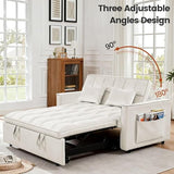 Trygoal Convertible Sofa Bed, Pull Out Couch with Side Pockets, 3 in 1 Velvet Fabric Loveseat Sleeper Sofa Bed, Pull Out Couch with Adjustable Backrest for Living Room, Bedroom, Apartment, White Trygoal