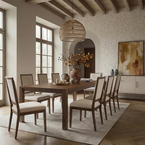 Farati 9-Piece Expandable Dining Table Set, 60"-80" Modern Wood Table with 8 Upholstered Chairs, Large Rectangular Extension Set for Dining Room, Conference & Entertaining, Walnut Farati