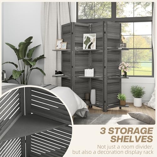 HOMCOM Room Divider, 4 Panel 67" Tall Wood Privacy Screen with 3 Display Shelves, and Folding Storage for Bedroom or Home Office, Gray HOMCOM