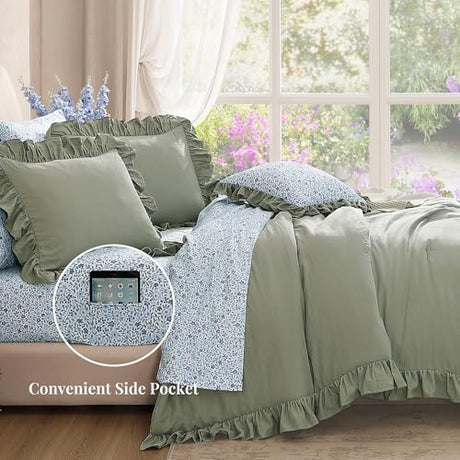 BLOOMHAVEN Full Comforter Set - 7 Pieces Ruffle Sage Green Bedding Sets, Shabby Chic Farmhouse Bed in a Bag Full with Ruffle Comforter, Floral Sheets, Pillowcases & Shams BLOOMHAVEN