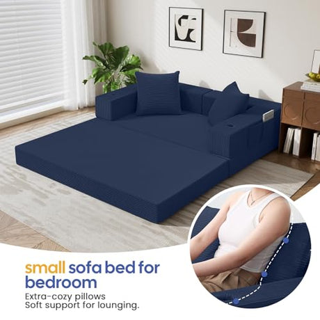 COMAX Futon Sofa Bed, 4‑in‑1 Convertible Sofa Bed, Folding Boneless Couches for Living Room, Fold Out Small Foldable Loveseat Floor Sleeper Comfy Mattress Lounge Space‑Saving, Navy Blue COMAX